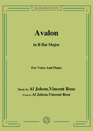 Book cover for Al Jolson,Vincent Rose-Avalon,in B flat Major,for Voice&Piano