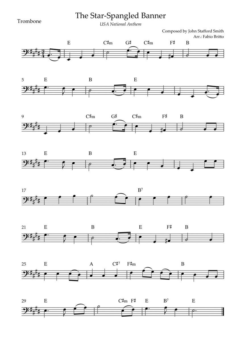 The Star Spangled Banner (USA National Anthem) for Trombone Solo with Chords (E Major)