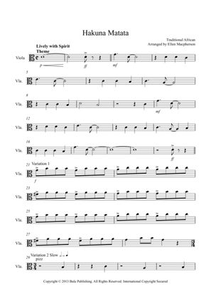 Book cover for Hakuna Matata Theme & Variation - Easy String Quartet - Viola