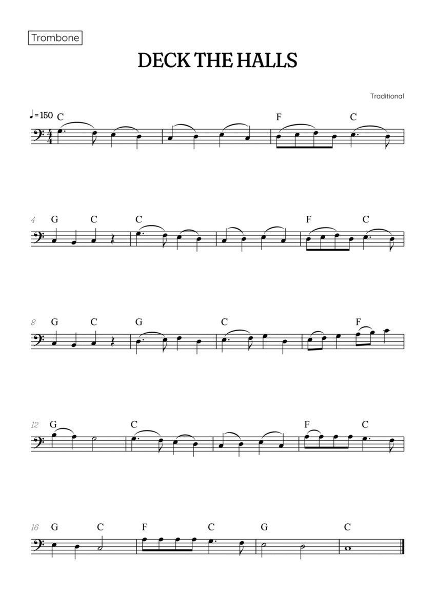 Deck the Halls for trombone • easy Christmas song sheet music with chords image number null