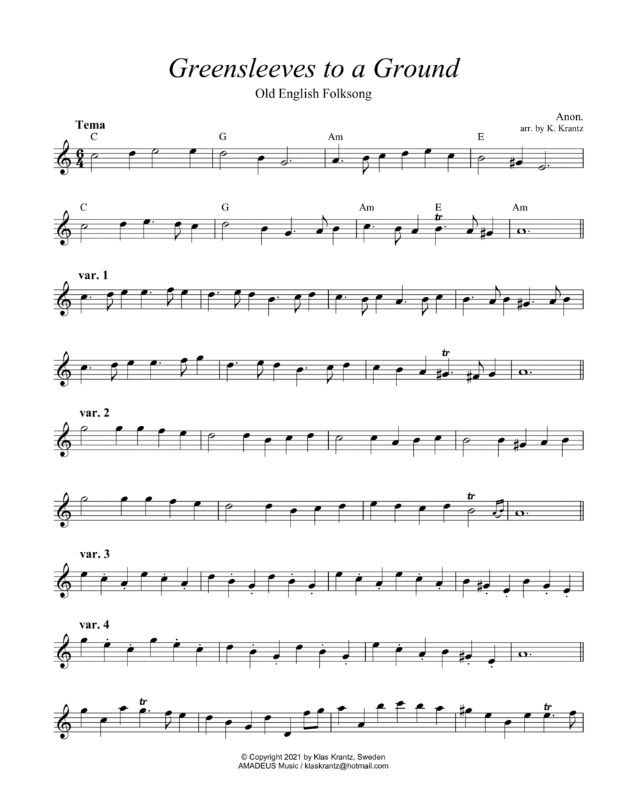 Greensleeves variations, lead sheet with guitar chords ( C Major) image number null