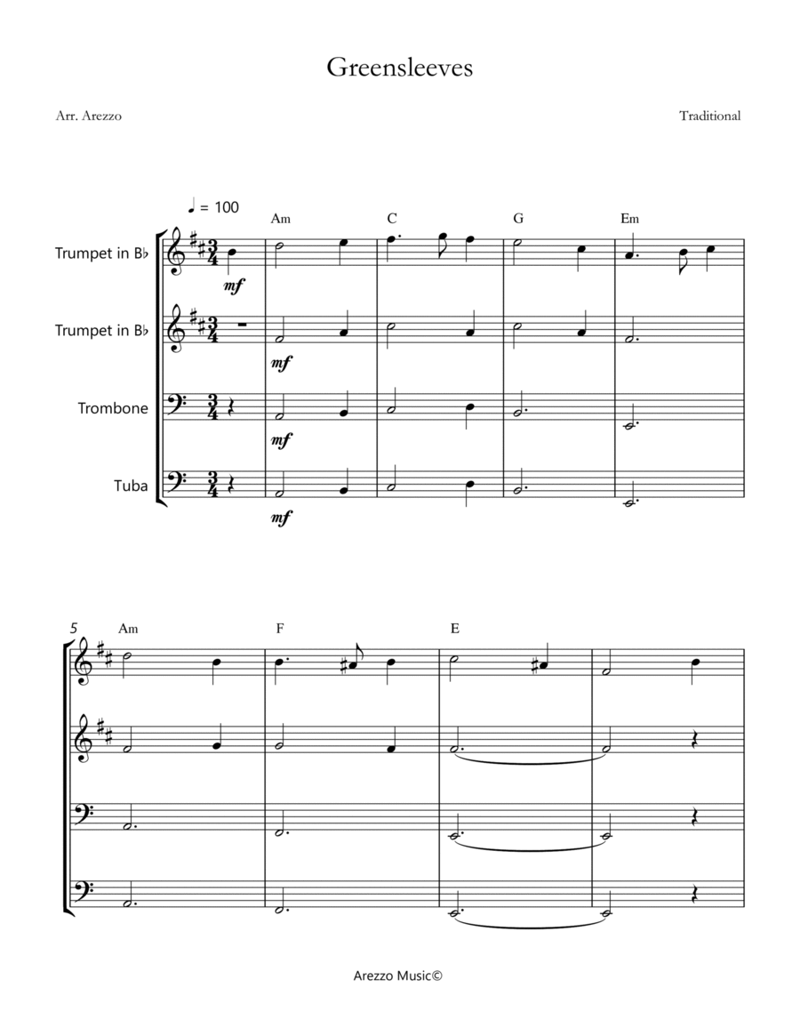 greensleeves brass quintet sheet music chord symbols image number null