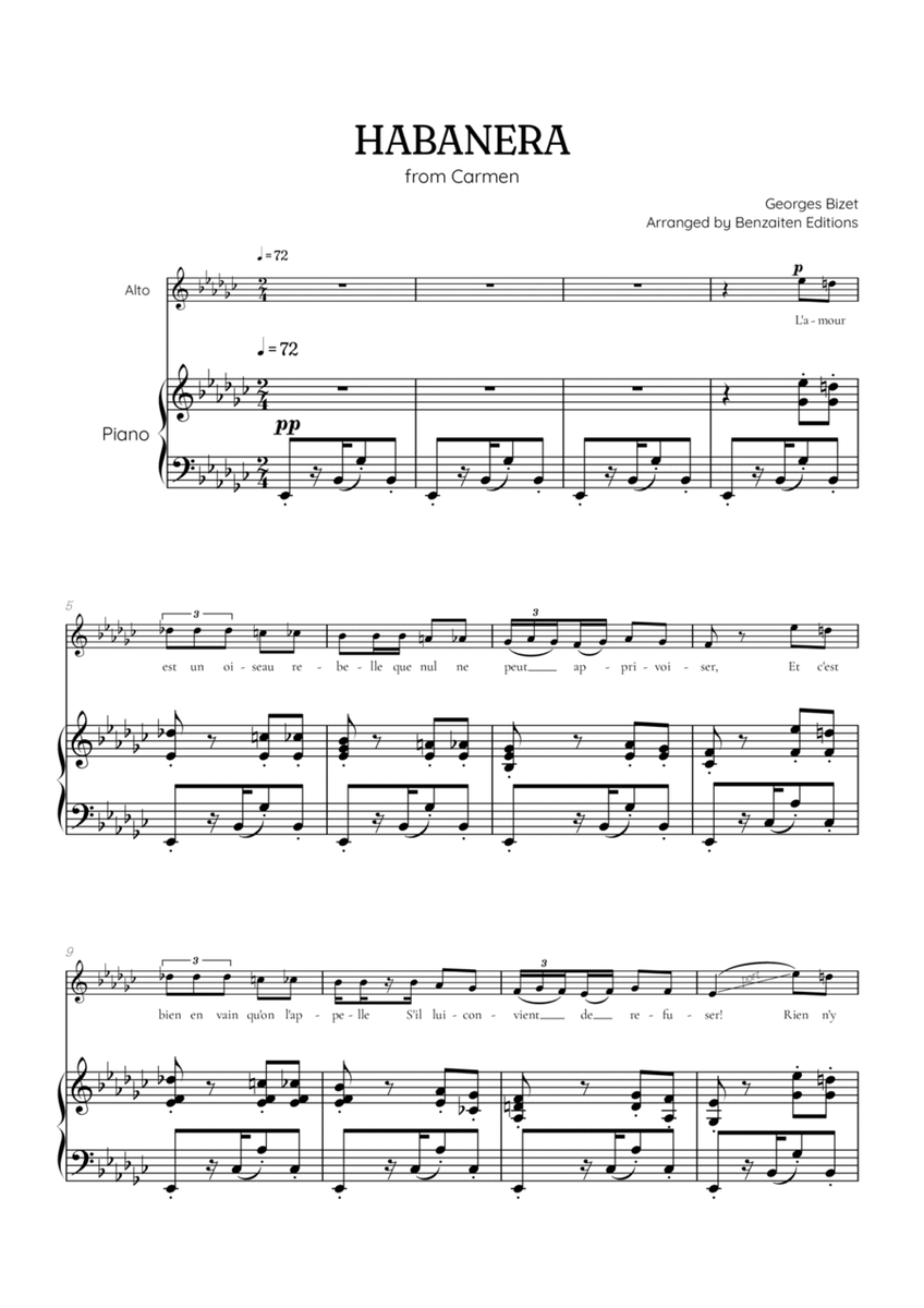 Bizet • Habanera from Carmen in Eb flat minor [Ebm] | alto sheet music with piano accompaniment image number null