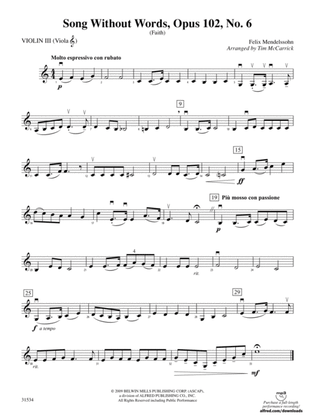 Book cover for Song Without Words, Opus 102, No. 6 (Faith): 3rd Violin (Viola [TC])