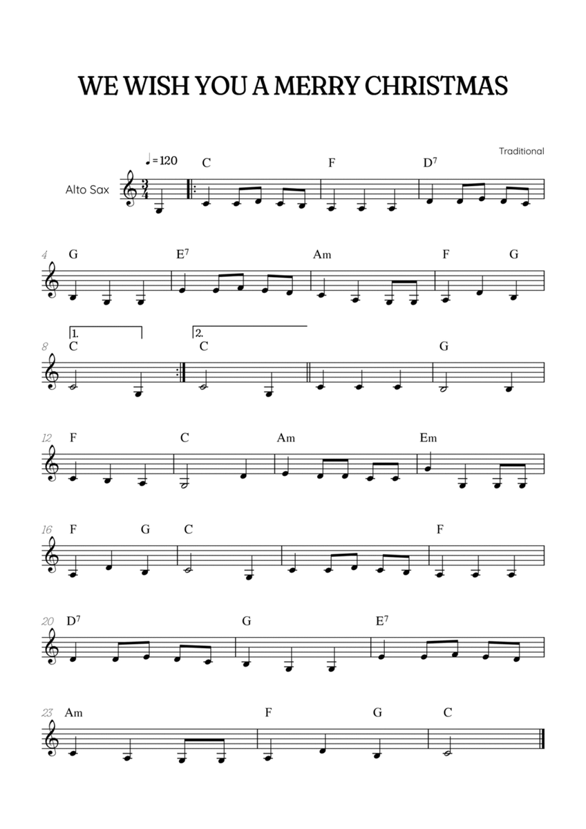 We Wish You a Merry Christmas for sax • easy Christmas sheet music with chords image number null