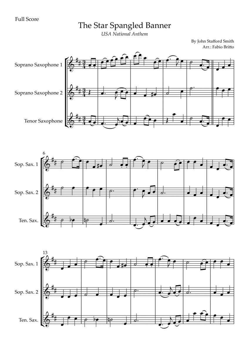 The Star Spangled Banner (USA National Anthem) for Saxophone Trio image number null