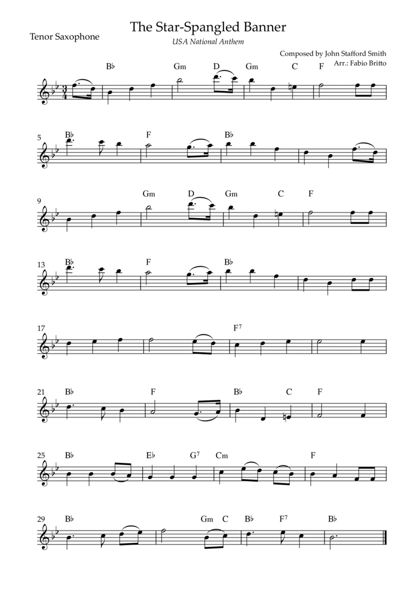 The Star Spangled Banner (USA National Anthem) for Tenor Saxophone Solo with Chords (Ab Major)
