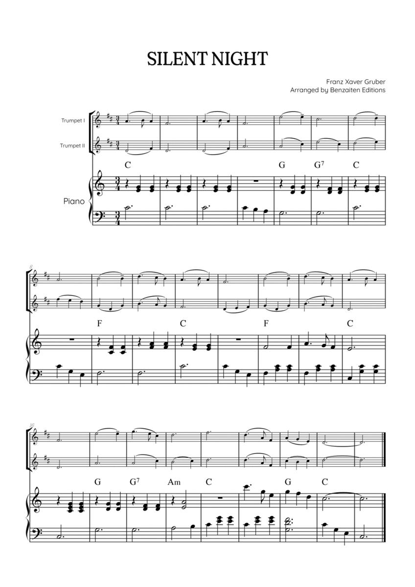 Silent Night for trumpet duet with piano accompaniment • easy Christmas song sheet music (w/ chords) image number null