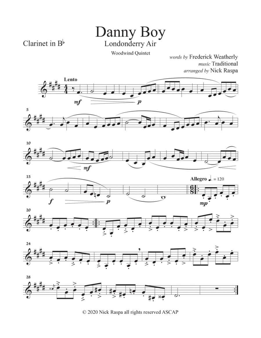 Danny Boy (Londonderry Air) Woodwind Quintet (Fl, Ob, CL, Hrn, Bsn) - Clarinet part