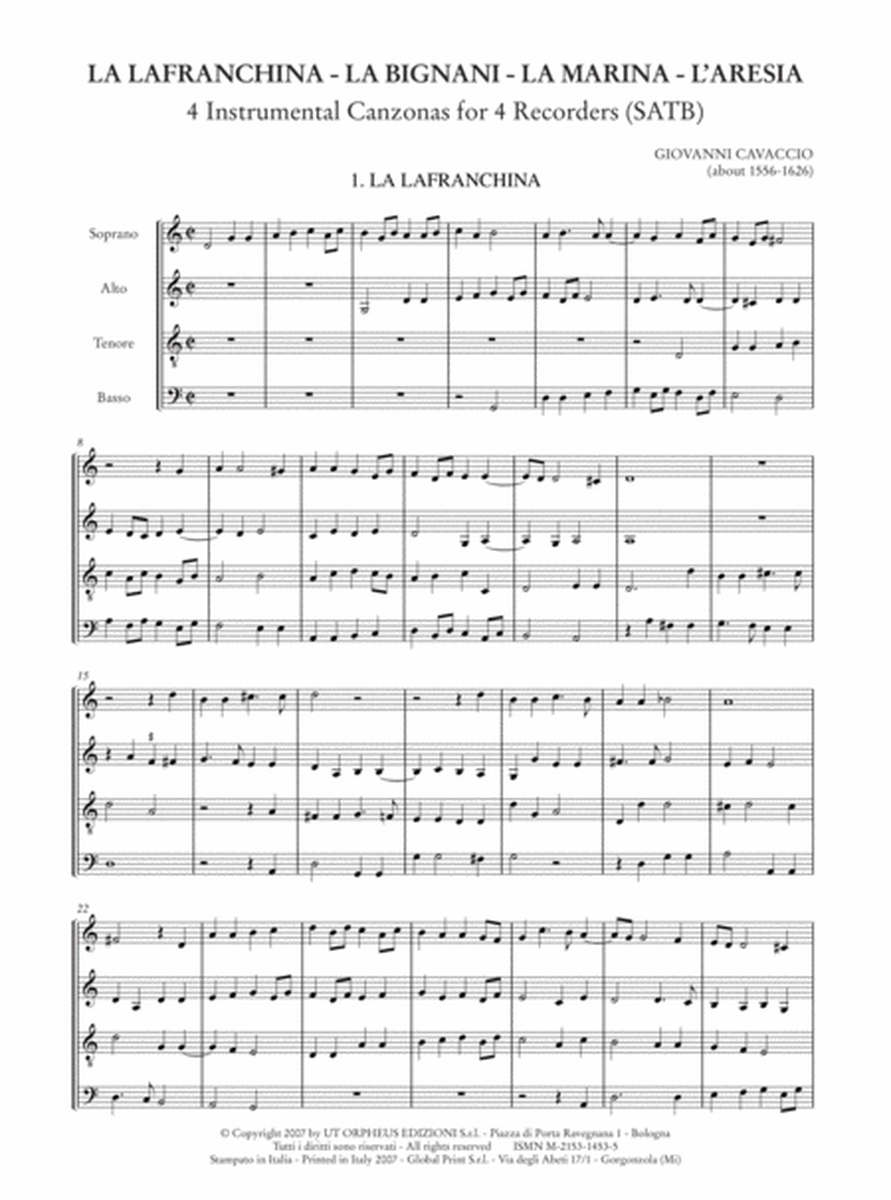La Lafranchina - La Bignani - La Marina - L’Aresia. 4 Instrumental Canzonas for 4 Recorders (SATB)