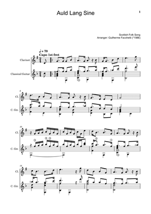 Book cover for Scottish Folk Song - Auld Lang Sine. Arrangement for Clarinet and Classical Guitar. Score and Parts.