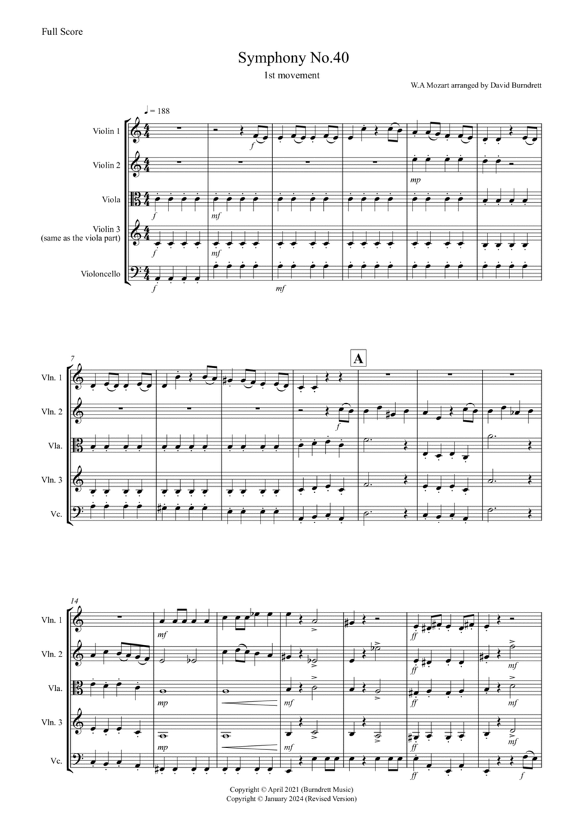 Symphony No.40 (1st movement) for String Quartet image number null