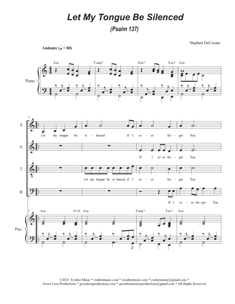 Let My Tongue Be Silenced (Psalm 137) (Vocal Quartet - (SATB) image number null