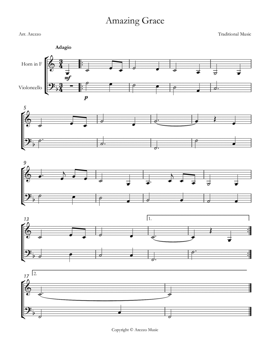 Jonh Newton Amazing Grace Easy French Horn and Cello Sheet Music F major image number null