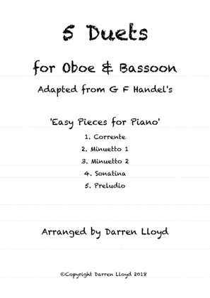 Book cover for 5 Duets for Oboe & Bassoon. Adapted from G F Handel's 'Easy Pieces for Piano'