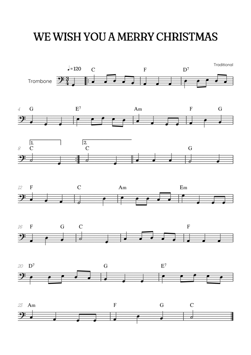 We Wish You a Merry Christmas for trombone • easy Christmas sheet music with chords image number null