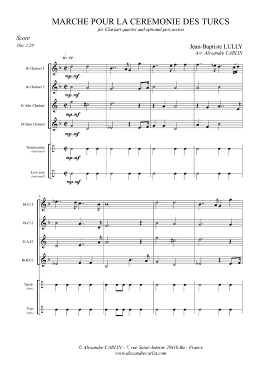 Marche pour la cérémonie des Turcs for Clarinet quartet and optional percussion - Score & parts