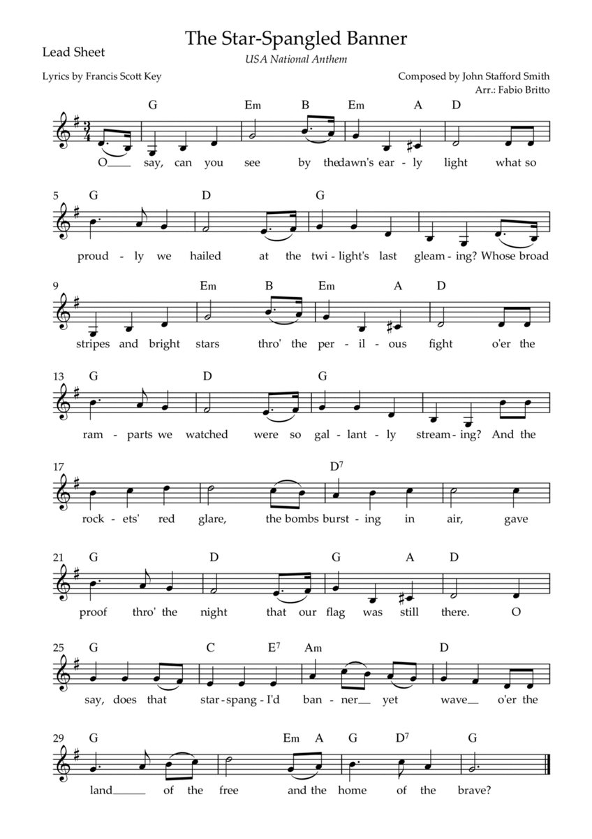 The Star Spangled Banner (USA National Anthem) Lead Sheet (G Major)