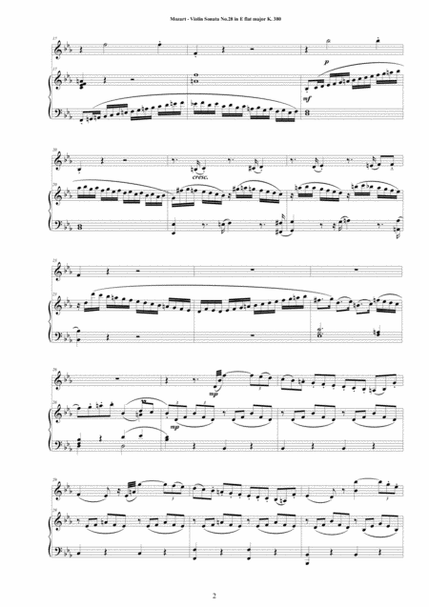 Mozart - Violin Sonata No.28 in E flat K 380 for Violin and Piano - Score and Part image number null