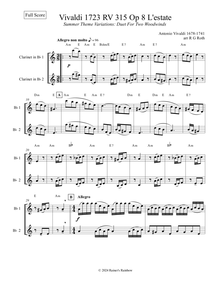 Vivaldi 1723 RV 315 Op 8 Summer 2 Clarinets Parts and Score