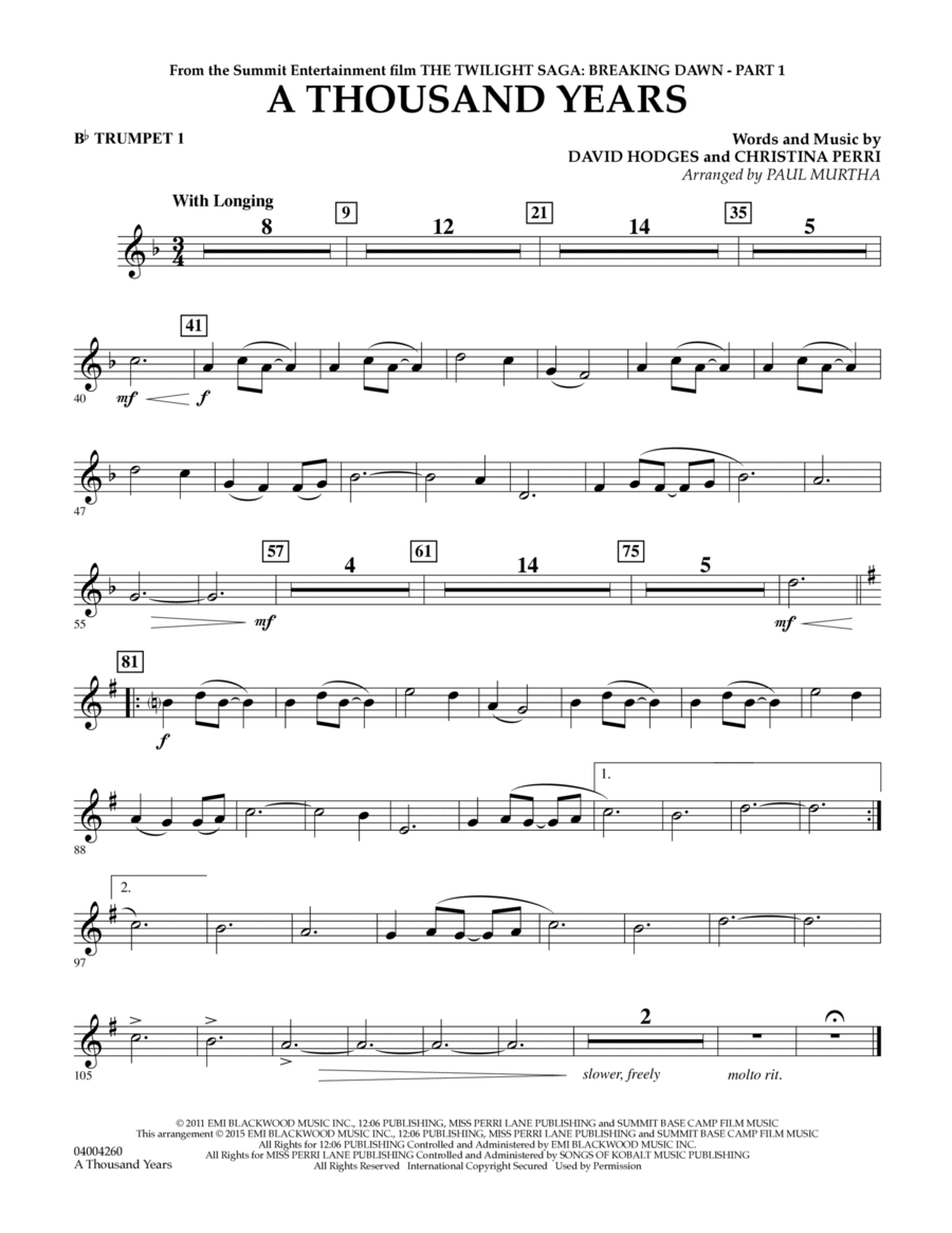A Thousand Years (from The Twilight Saga: Breaking Dawn, Part 1) - Bb Trumpet 1
