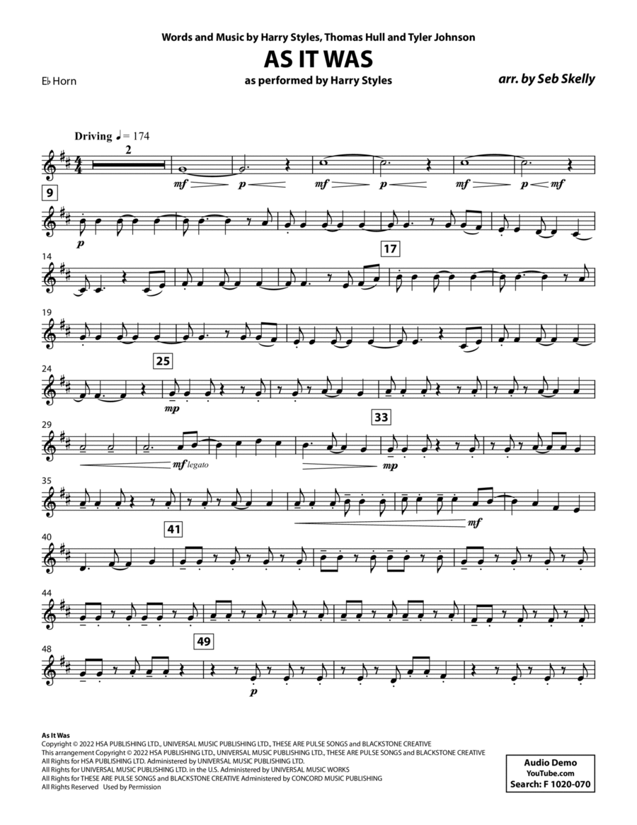 As It Was (for Brass Quintet) (arr. Seb Skelly) - Eb Horn