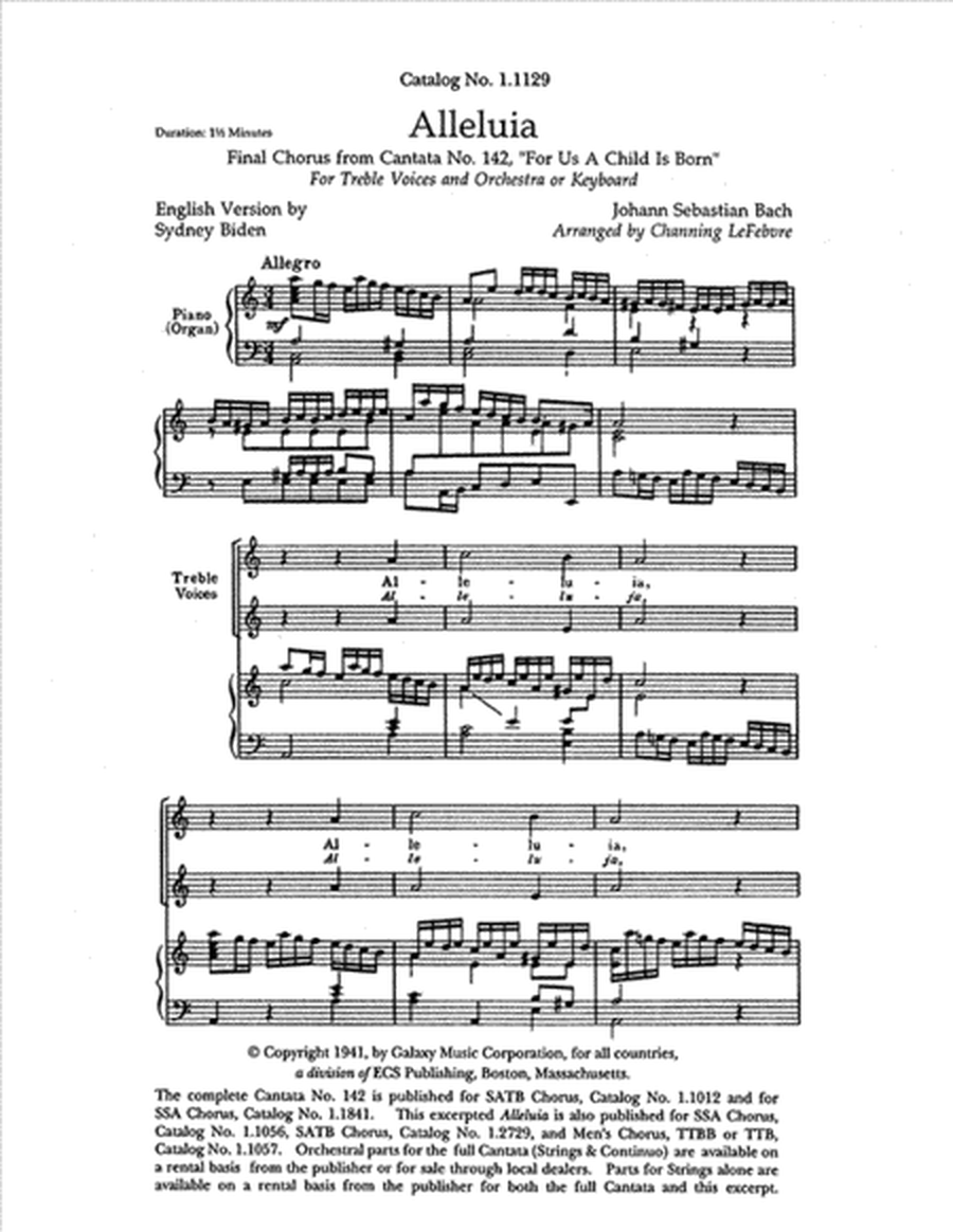 Alleluia from For Us a Child is Born (Uns ist ein Kind geboren) (Cantata No. 142) (Choral Score)