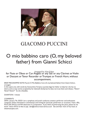 Book cover for O MIO BABBINO CARO (O, my beloved father) from Gianni Schicci, by G Puccini, arranged as unaccompani