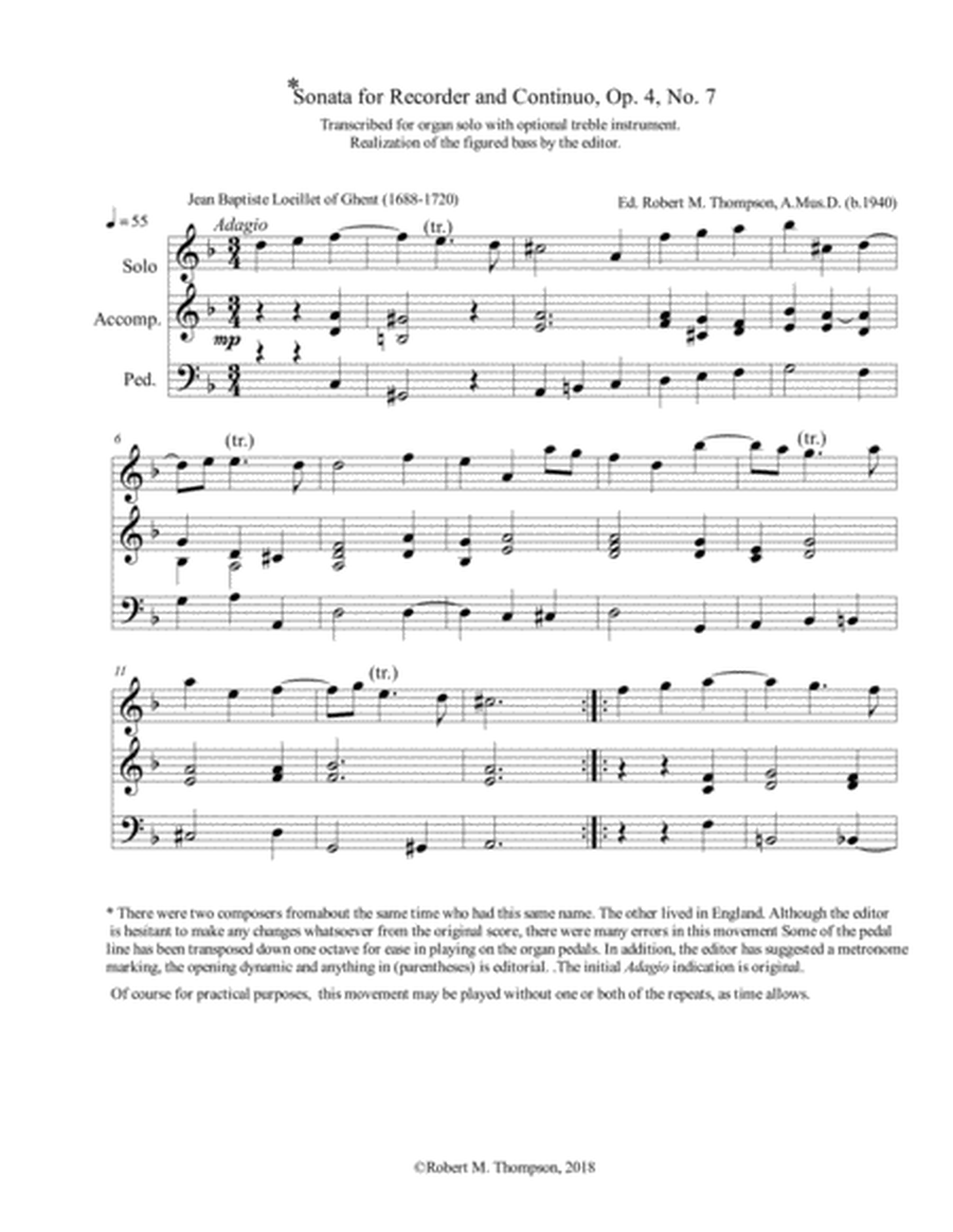 Adagio from Op. 4, No. 7 Recorder sonata, arranged for organ solo
