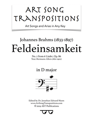 Book cover for BRAHMS: Feldeinsamkeit, Op. 86 no. 2 (transposed to D major, bass clef)