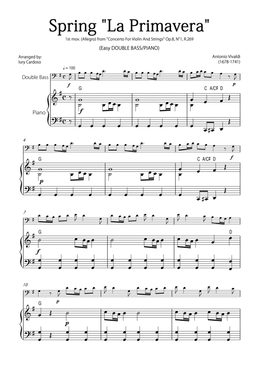 "Spring" (La Primavera) by Vivaldi - Easy version for DOUBLE BASS & PIANO image number null
