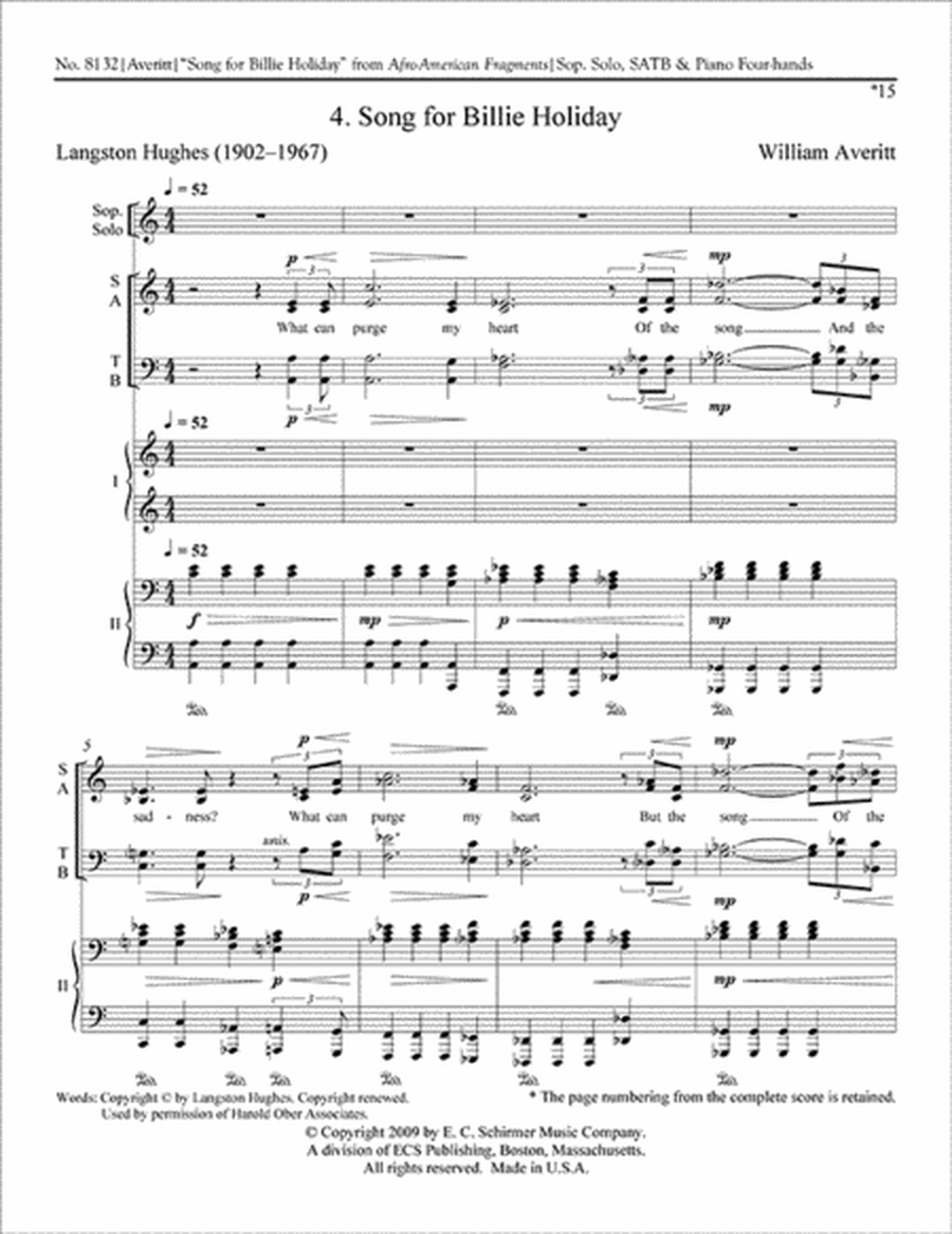 Afro-American Fragments: 4. Song for Billie Holiday by William Averitt 4-Part - Sheet Music