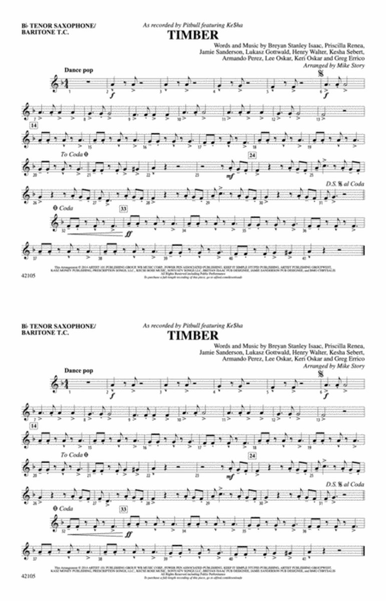 Timber: Bb Tenor Saxophone/Bartione Treble Clef