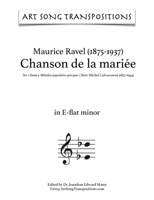 Book cover for RAVEL: Chanson de la mariée (transposed to E-flat minor)