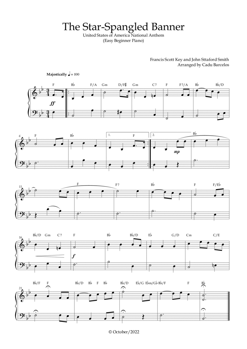 The Star-Spangled Banner - EUA Hymn (Easy Beginner Piano) Chords image number null