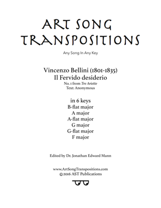 Book cover for BELLINI: Il fervido desiderio (transposed to 6 keys: B-flat, A, A-flat, G, G-flat, F major)