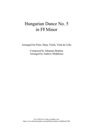 Book cover for Hungarian Dance No. 5 in F Sharp Minor arranged for Flute, Harp, Violin, Viola & Cello