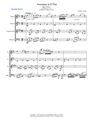 Book cover for NOCTURNE by Chopin, Op.9 No.2, Woodwind Quartet, Intermediate Level for 2 flutes, clarinet and basso