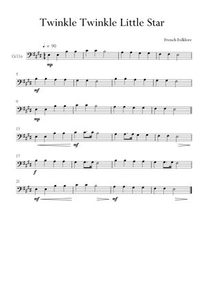 Twinkle Twinkle Little Star for Cello (Violoncello) in E Major. Very Easy.