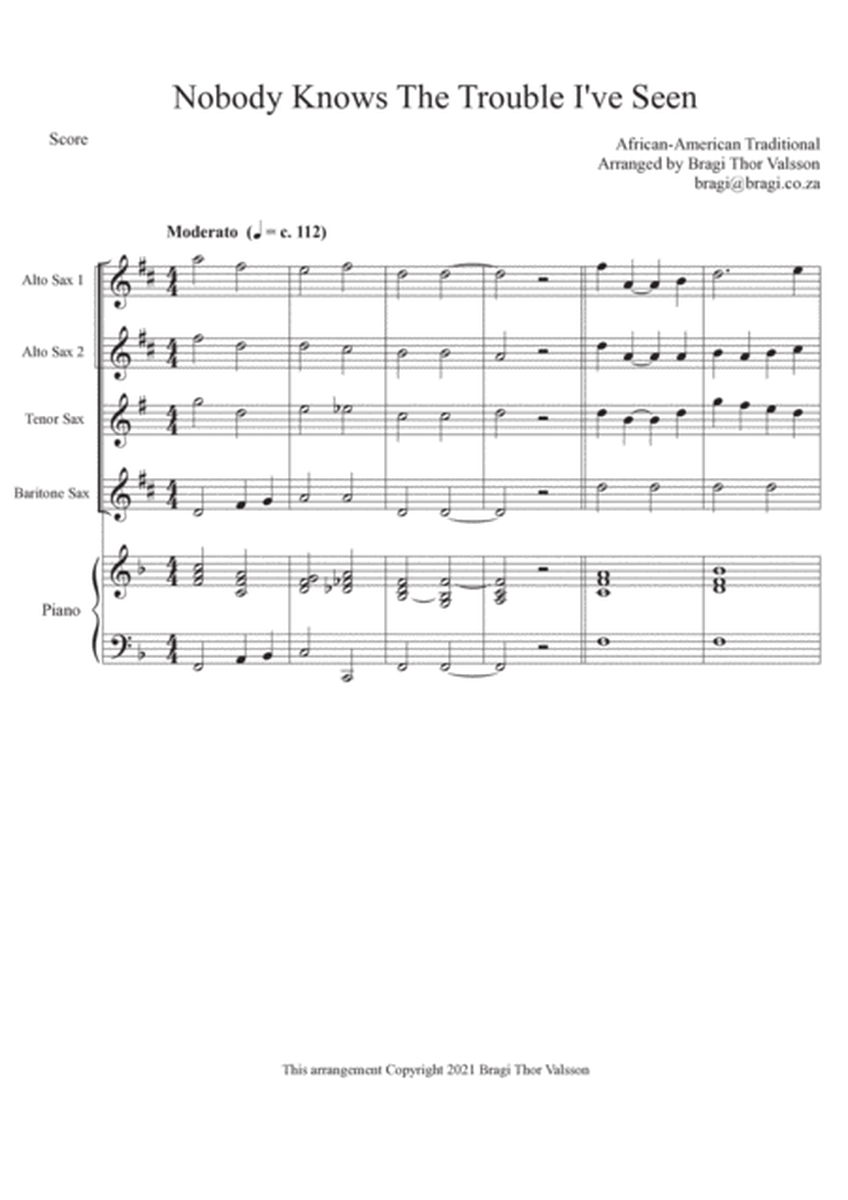 Nobody Knows The Trouble I've Seen - sax quartet with optional piano accompaniment - score and parts image number null