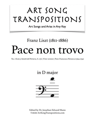 Book cover for LISZT: Pace non trovo, S. 270 (first version, transposed to D major, bass clef)