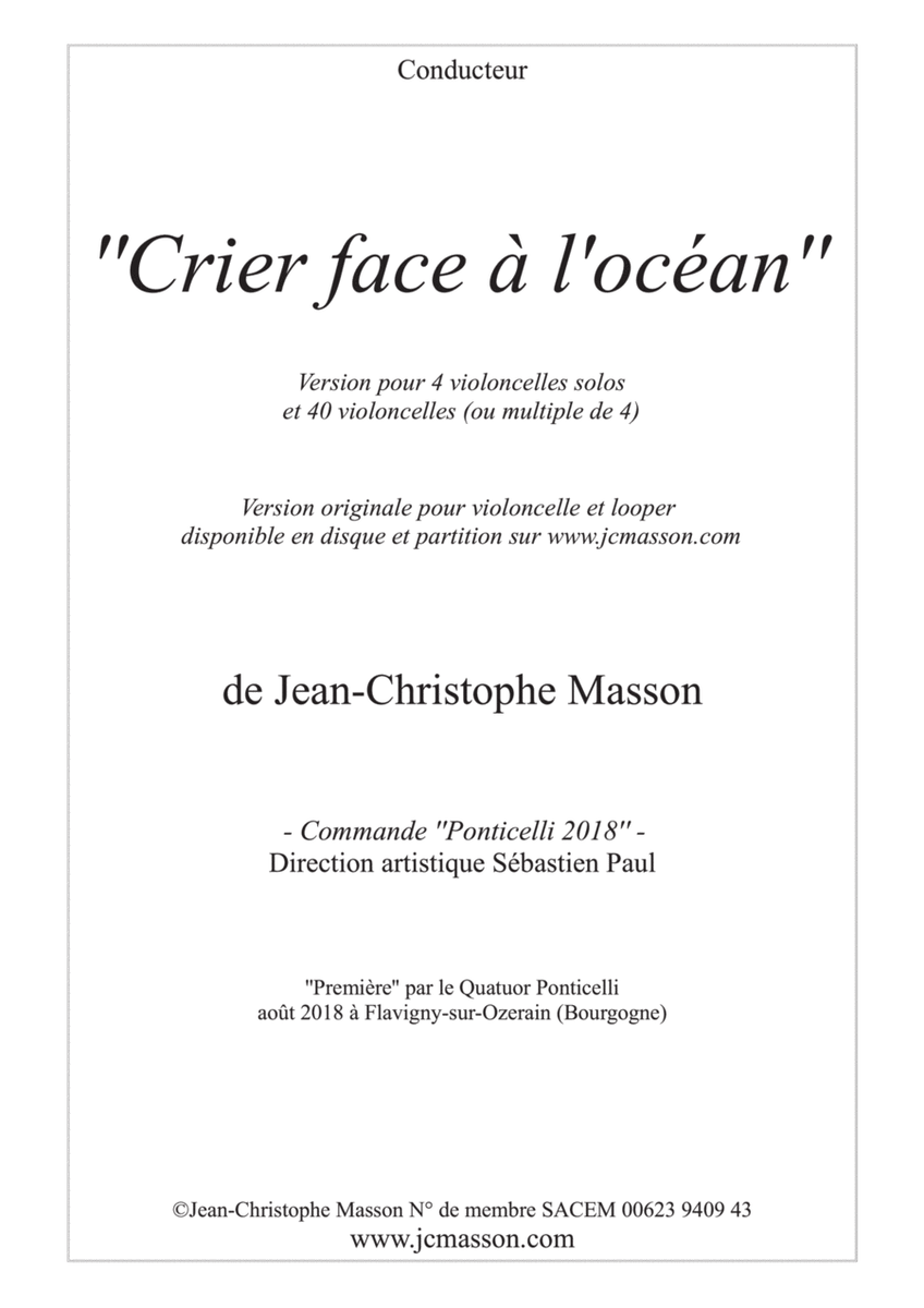 Crier face à l'océan for cello ensemble with 12 parts or more - FULL SCORE AND PARTS - JCM2018