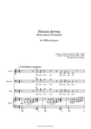 Book cover for Nessun dorma, for TBB and piano, F major