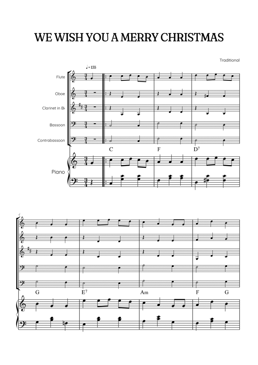 We Wish You a Merry Christmas for Woodwind Quintet & Piano • easy Christmas sheet music w/ chords image number null