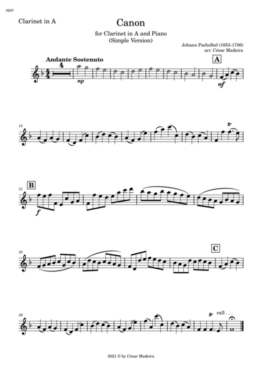 Pachelbel's Canon in D - Clarinet in A and Piano - Simple Version (Individual Parts) image number null