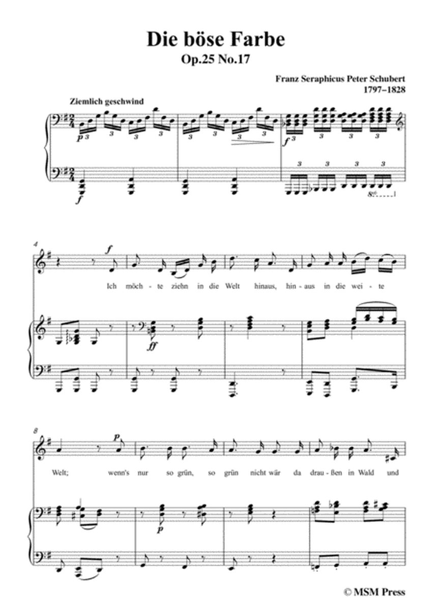 Schubert-Die böse Farbe,from 'Die Schöne Müllerin',Op.25 No.17,in G Major,for Voice&Piano image number null