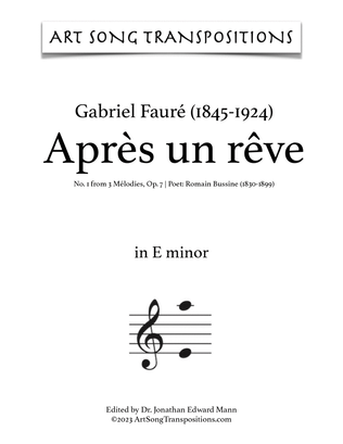 Book cover for FAURÉ: Après un rêve, Op. 7 no. 1 (transposed to E minor and E-flat minor)