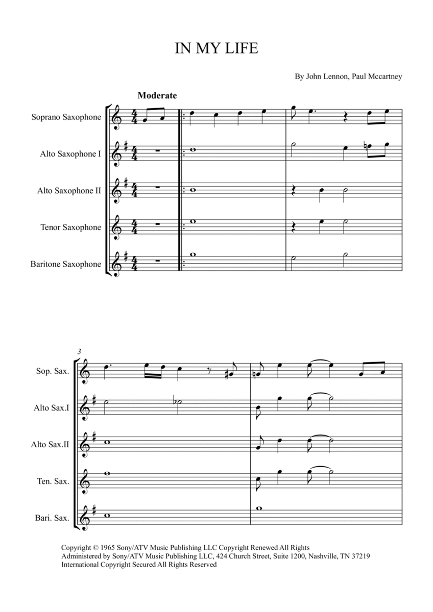 In My Life by The Beatles Saxophone Quintet - Digital Sheet Music
