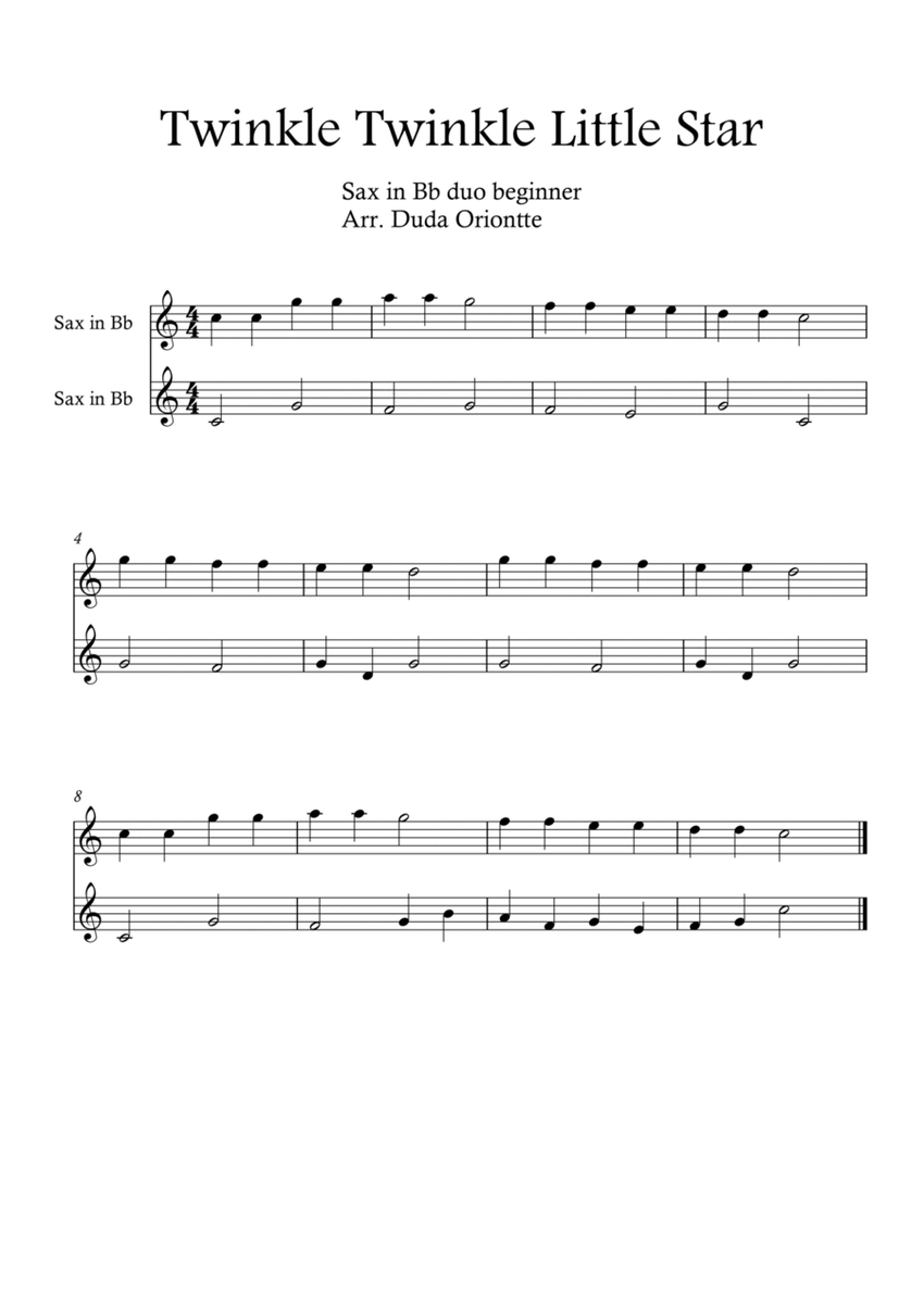 Twinkle Twinkle Little Star DUET (For BEGINNER and kids) (Tenor SAX duo) image number null