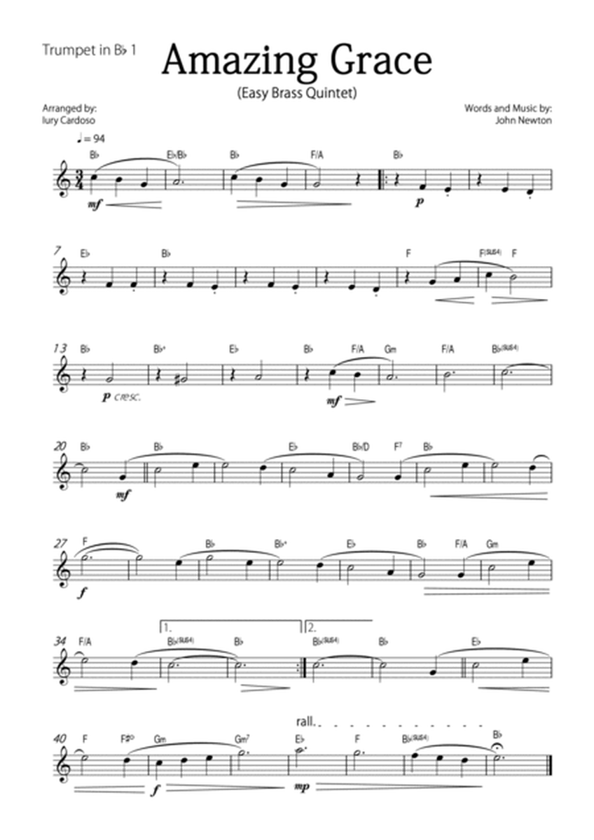 "Amazing Grace" - Beautiful EASY version for BRASS QUINTET and PIANO. image number null